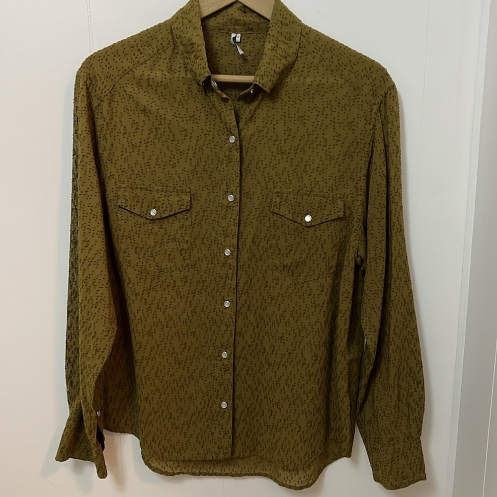 IRO Press Stud Fastening Detail Snap Front Shirt Olive Green Western Boucle S